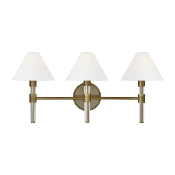 Lauren Ralph Lauren's Robert vanity fixture combines clean modern lines with transitional warmth. Lucite stems elevate white paper empire shades, creating soft diffused light ideal for bathroom tasks and ambiance.