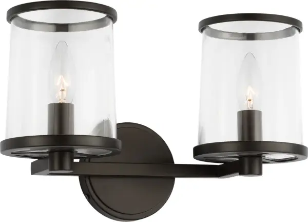 The Reynolds Medium Vanity combines polished metal rings with clear glass shades for a refined, candelabra-inspired design. Its warm aged iron finish and transparent elements create an elegant balance perfect for modern and transitional spaces. - alternate view