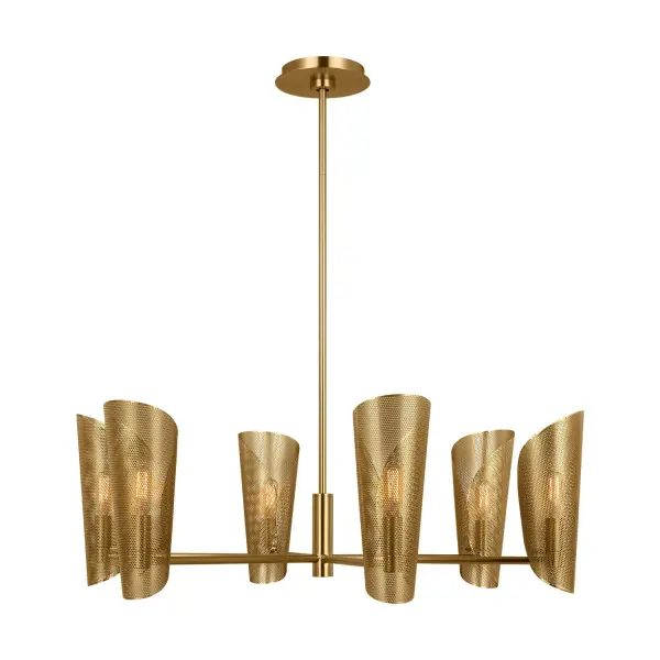 Designer Christiane Lemieux's Plivot chandelier brings 1940s-50s French design sensibility to modern spaces. The six conical shades in warm burnished brass create balanced illumination while the curved arms add sculptural interest. Highly adaptable for various ceiling heights.
