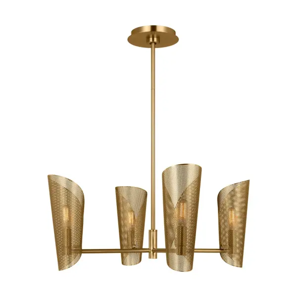 Drawing from 1940s-50s French design masters, this four-light chandelier combines classic conical shades with fluid curves in warm burnished brass. Compact 24-inch width works beautifully over dining tables or as a statement piece in living spaces.