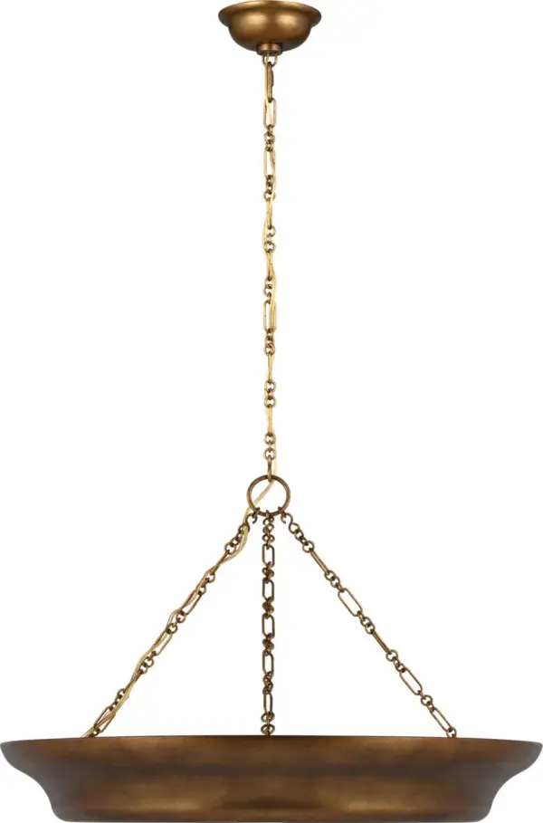 The Lenoir 24" Chandelier brings architectural sophistication to intimate spaces with its inverted bowl form and vintage gilded finish. Hand-finished aged iron with a warm interior glow creates dramatic interplay of light and shadow, perfect for spaces with natural materials.