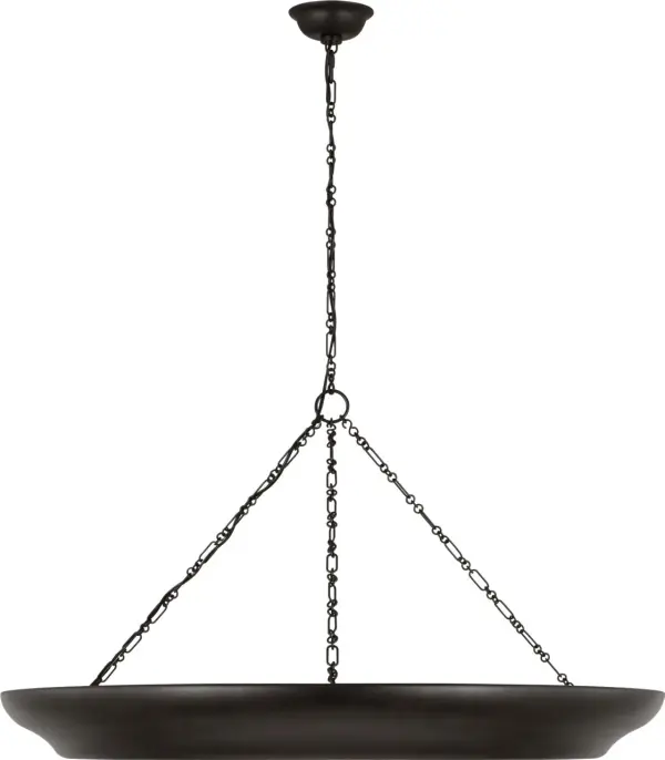 The Lenoir 36" Chandelier commands attention with its architectural inverted bowl form and striking contrast between matte aged iron exterior and luminous gilded core. Inspired by 1930s French design, it delivers sophisticated presence.