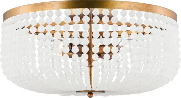 The Bellecour 18" Flush Mount brings late Art Deco elegance to spaces with lower ceilings. Honed crystal beads and vintage gilded frame create soft, flattering light perfect for bedrooms and intimate dining areas.