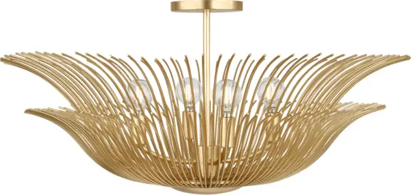 The Dorelle 28" Flush Mount brings 1930s French modernism to contemporary spaces with palm-inspired arms and hand-gilded brass detailing. Perfect for lower ceilings, it delivers warmth and quiet drama through layered finishes that glow like antique jewelry.