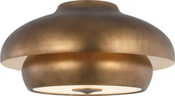 The Solene 18" Flush Mount combines architectural sophistication with practical design for lower ceilings. Its tiered domed silhouette in warm vintage gild finish creates layered, diffused light while the hand-finished interior adds subtle elegance. - alternate view