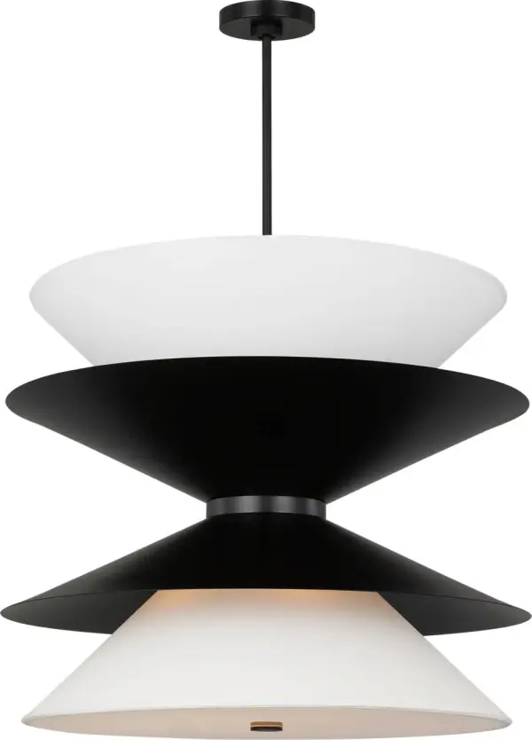 The Chambord Extra Large Pendant by Christine Lemieux masterfully balances geometric precision with inviting warmth. Its stacked conical forms in Aged Iron create architectural drama, while the white paper shade softens the light beautifully. - alternate view