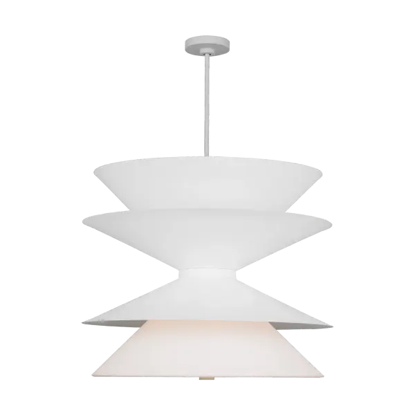 The Chambord Extra Large Pendant by Christine Lemieux masterfully combines geometric stacked conical forms in textured cast plaster with a soft white paper shade. Its architectural presence and damp rating make it versatile for grand spaces.