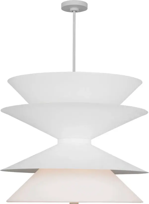 The Chambord Extra Large Pendant by Christine Lemieux masterfully combines geometric stacked conical forms in textured cast plaster with a soft white paper shade. Its architectural presence and damp rating make it versatile for grand spaces. - alternate view