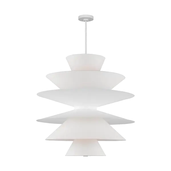The Chambord Grand Pendant by Christine Lemieux combines artistic design with functional lighting. Its cascading cone-shaped paper shades create gentle, diffused illumination while the Cast Plaster finish adds textural sophistication.