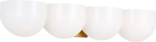 The Cheverny Extra Large Vanity by Christiane Lemieux features four rounded milk glass shades that provide ample illumination for larger bathrooms. Its minimalist design and burnished brass finish create a refined, contemporary aesthetic. - alternate view