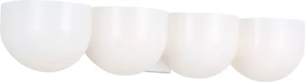 The Cheverny Extra Large Vanity by Christiane Lemieux features four rounded milk glass shades that provide ample illumination for larger bathrooms. Its minimalist matte white backplate creates a refined, contemporary aesthetic.