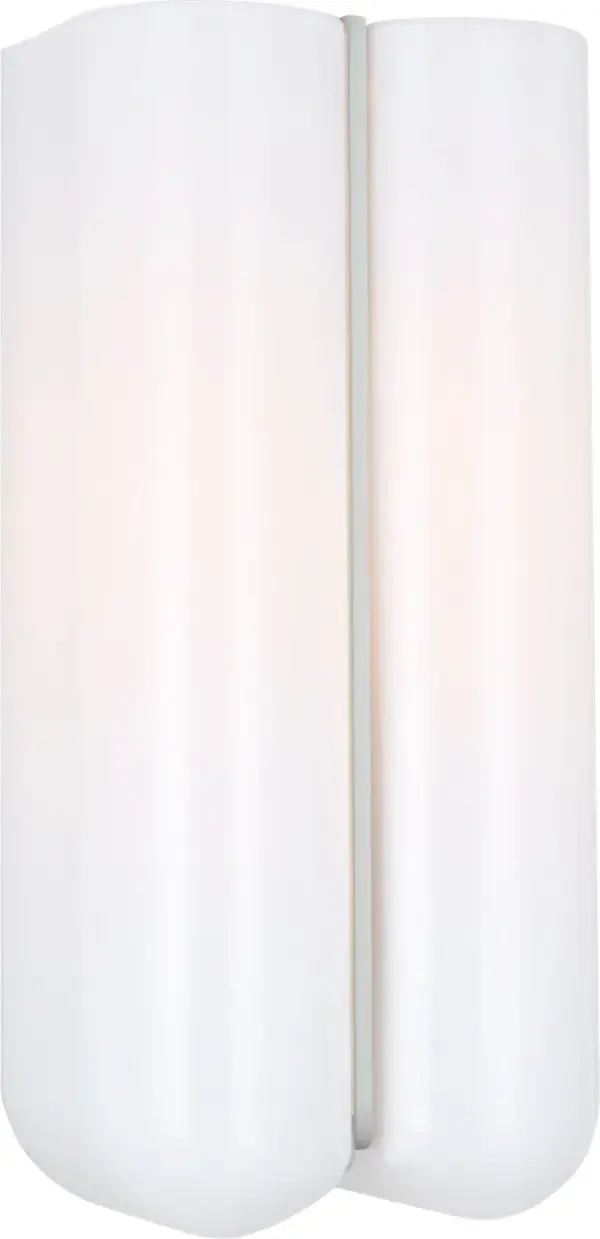 The Cheverny Small Sconce combines clean minimalist design with functional elegance. Two rounded milk glass shades provide soft, diffused light while the central metal strip adds architectural interest. Damp-rated for bathroom use.