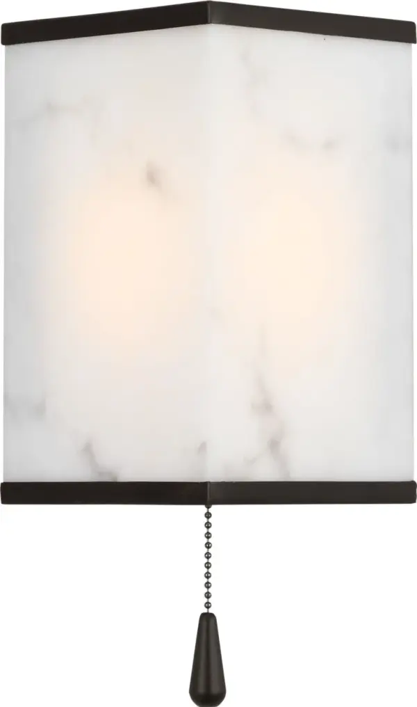 The Cleor 8 Sconce blends 1930s Art Deco glamour with modern sustainability. Its faux alabaster shade diffuses warm ambient light while aged iron framing adds architectural depth. Perfect for intimate spaces requiring refined illumination. - alternate view