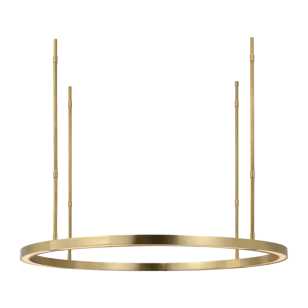 The Stagger Ring Medium Chandelier features a distinctive geometric design with hand-rubbed antique brass finish. Its contemporary ring structure creates visual interest while providing warm 2700K illumination with excellent 90 CRI color rendering.