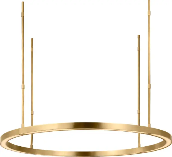 The Stagger Ring Medium Chandelier features a distinctive geometric design with hand-rubbed antique brass finish. Its contemporary ring structure creates visual interest while providing warm 2700K illumination with excellent 90 CRI color rendering. - alternate view