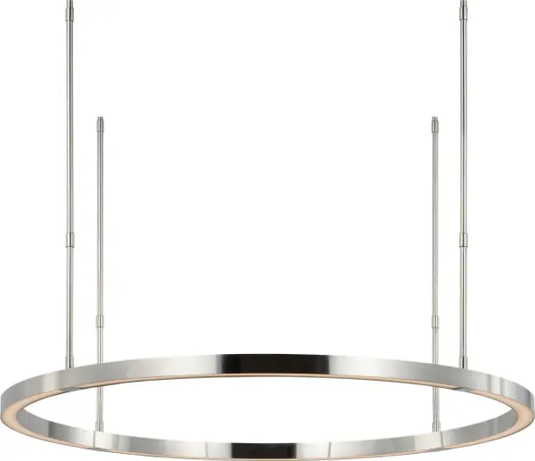 The Stagger Ring Medium Chandelier features a striking geometric design with polished stainless steel rings that create visual interest and contemporary elegance. High-quality 2700K LED with 90 CRI delivers warm, accurate lighting. - alternate view