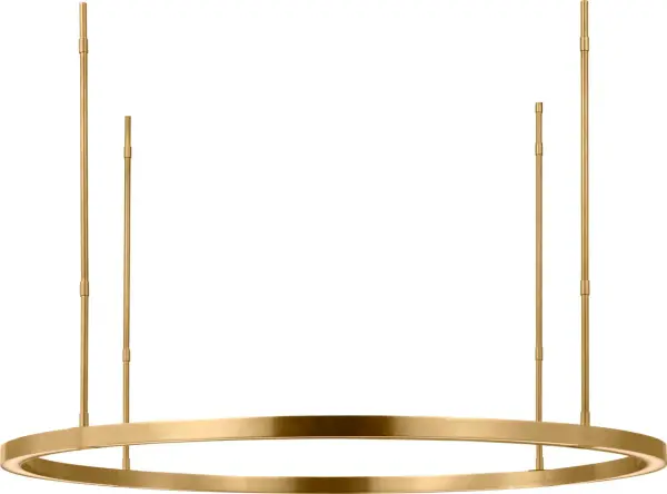 The Stagger Ring Large Chandelier features a distinctive geometric design with staggered circular elements in hand-rubbed antique brass. Its 2700K warm LED lighting and 90 CRI deliver exceptional color rendering for sophisticated spaces.
