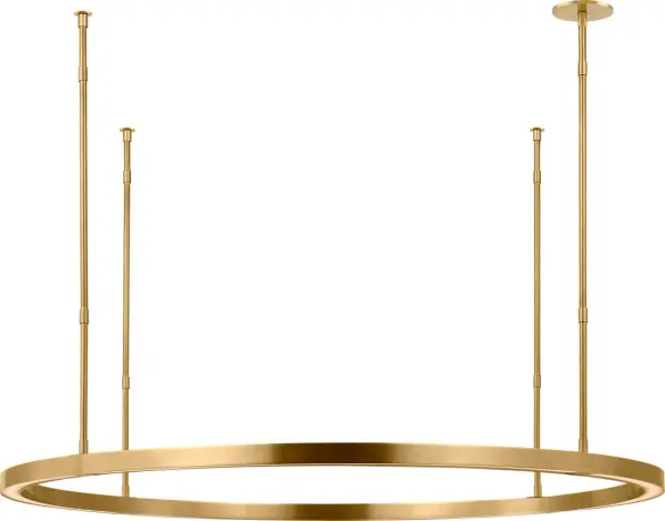 The Stagger Ring Large Chandelier features a distinctive geometric design with staggered circular elements in hand-rubbed antique brass. Its 2700K warm LED lighting and 90 CRI deliver exceptional color rendering for sophisticated spaces. - alternate view