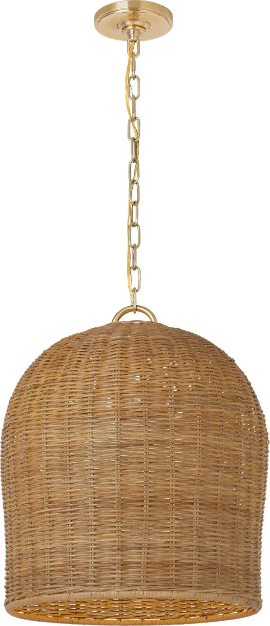 The Nancy 18" pendant combines natural wicker weaving with soft brass hardware for a sophisticated coastal aesthetic. Its medium scale and warm texture make it versatile for both residential and hospitality settings.