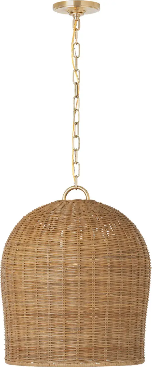 The Nancy 18" pendant combines natural wicker weaving with soft brass hardware for a sophisticated coastal aesthetic. Its medium scale and warm texture make it versatile for both residential and hospitality settings. - alternate view
