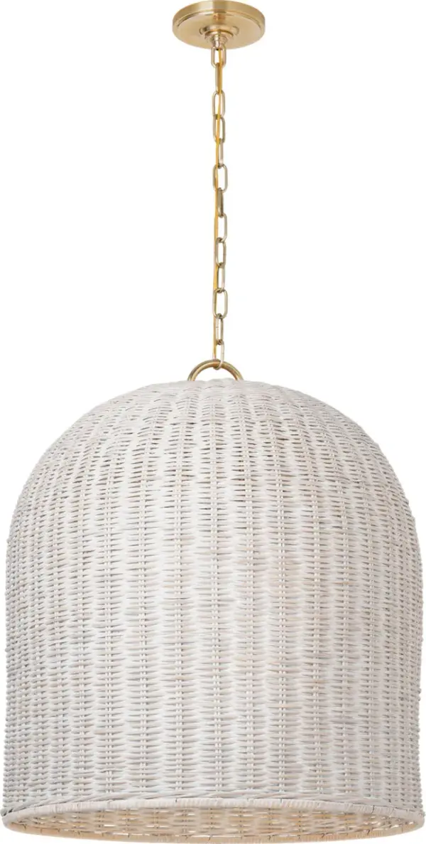 The Nancy 25" pendant brings natural texture and warmth through handwoven white wicker paired with refined soft brass hardware. Its generous scale makes a statement while maintaining an airy, organic feel perfect for coastal and transitional interiors.