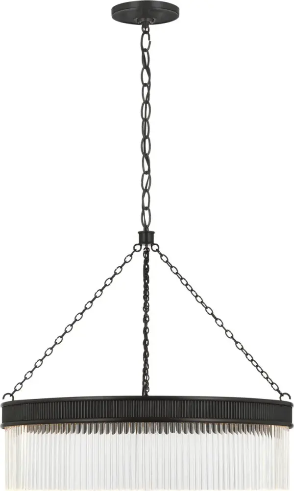 The Menil chandelier combines classic elegance with contemporary design through its distinctive crystal rod detailing and warm bronze finish. At 26 inches, it provides substantial presence without overwhelming spaces.