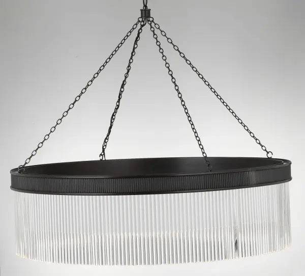 The Menil chandelier combines architectural bronze framework with cascading crystal rods for a sophisticated statement piece. At 40 inches, it's perfectly scaled for larger dining tables and kitchen islands. - alternate view