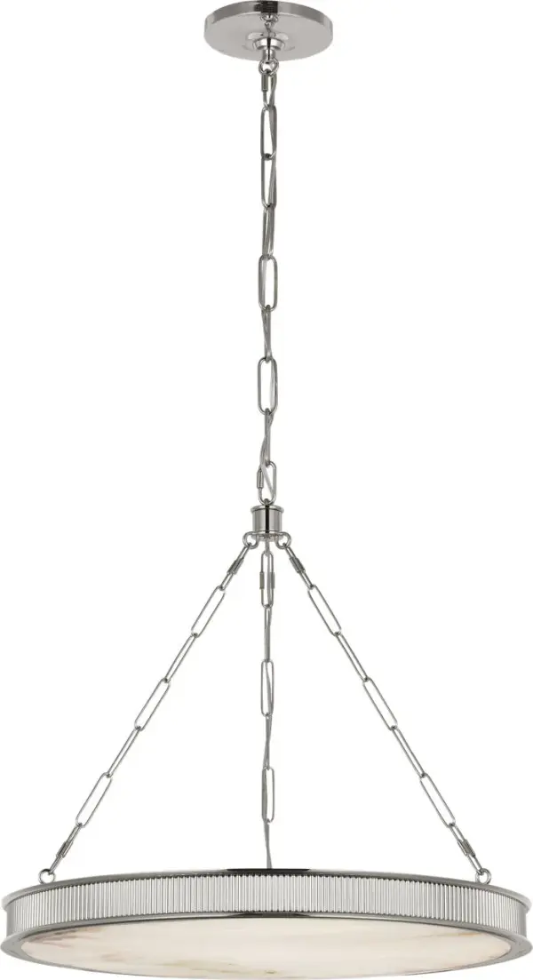 The Matthew 24" Chandelier combines polished nickel hardware with natural alabaster shades for a sophisticated, versatile look. Its medium scale works beautifully in dining rooms and foyers, offering warm ambient light.