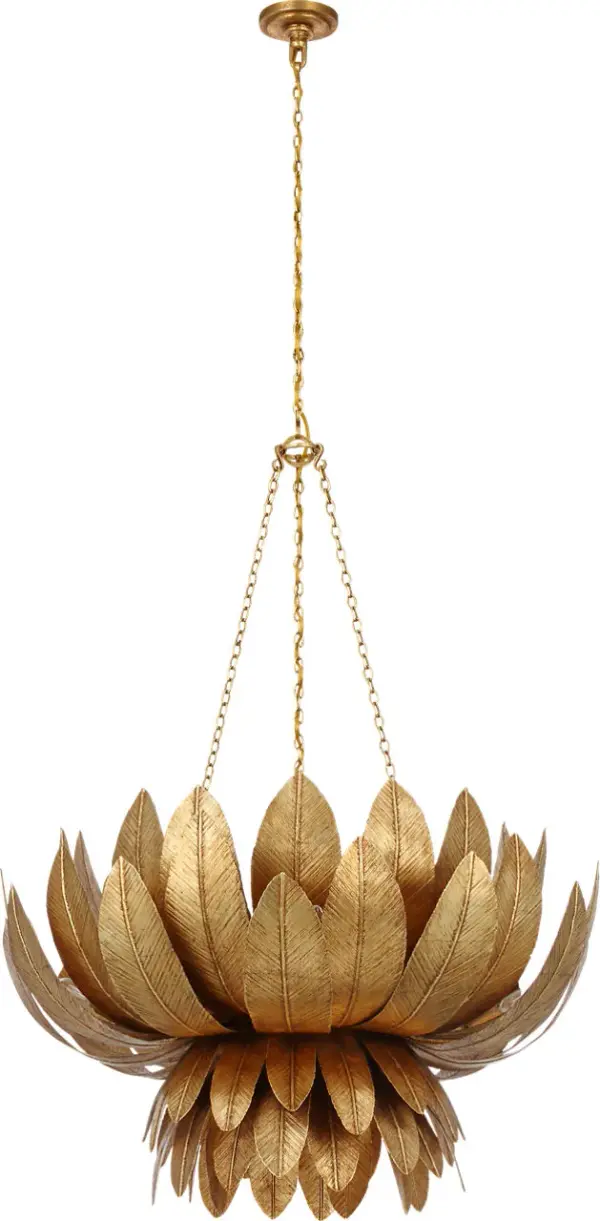 The Sinclair 34" Chandelier combines architectural presence with refined elegance. Its sculpted metal frame in French Gild finish creates dramatic visual interest while maintaining versatility across traditional and contemporary interiors.