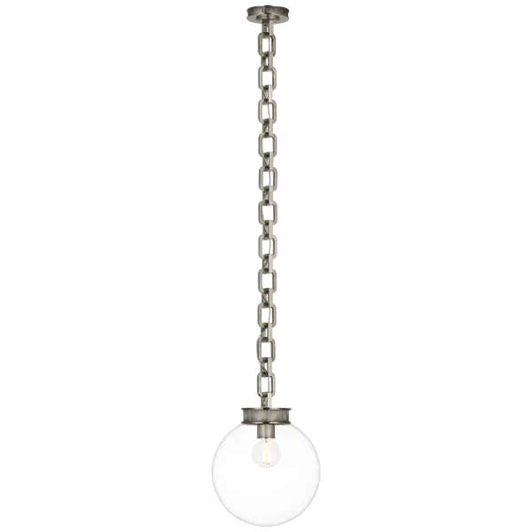 The Bellamy combines classic globe design with refined pewter metalwork, creating a versatile statement piece. Its 12-inch clear glass sphere provides beautiful ambient light while the chain mount offers adjustable height.