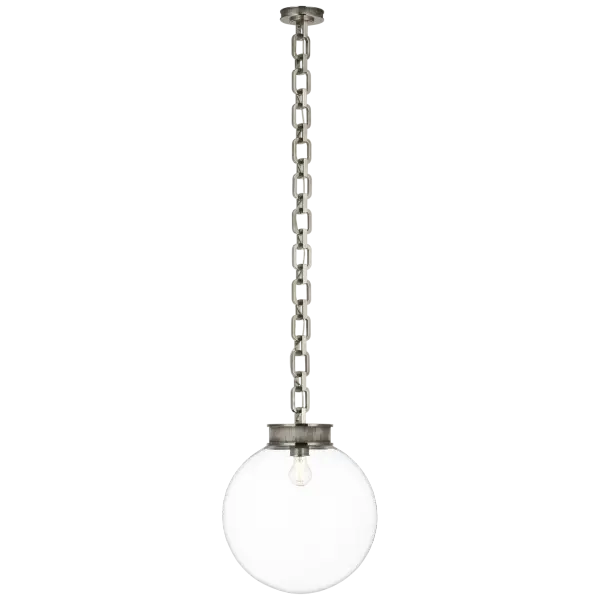 The Bellamy combines classic globe design with modern pewter finish, creating a versatile statement piece. Its 16-inch clear glass sphere provides ample illumination while the chain mount offers adjustable height for various ceiling configurations.