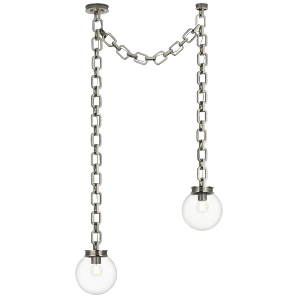 The Bellamy combines classic globe design with contemporary pewter finish, creating a versatile statement piece. Its 8-inch clear glass globes provide ample illumination while the chain mount offers adjustable height for various ceiling configurations.