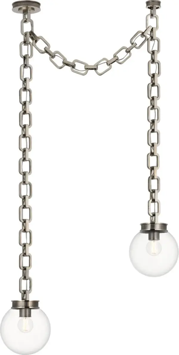The Bellamy combines classic globe design with contemporary pewter finish, creating a versatile statement piece. Its 8-inch clear glass globes provide ample illumination while the chain mount offers adjustable height for various ceiling configurations. - alternate view