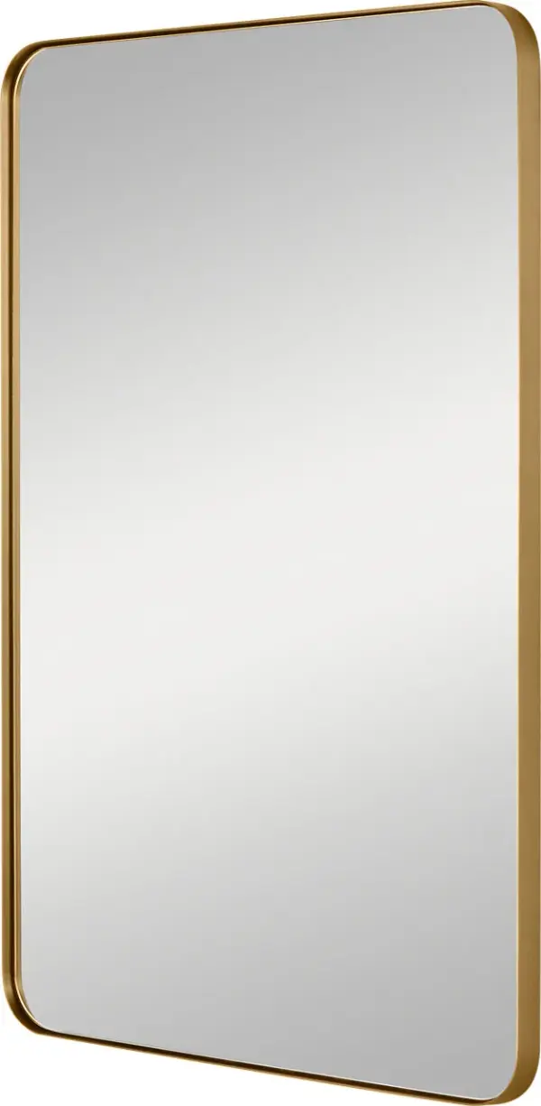 The Planer mirror combines clean rectangular lines with a luxurious burnished brass frame, creating a versatile piece that elevates any space. Its medium 36x24 size makes it ideal for bathrooms, bedrooms, and entryways. - alternate view