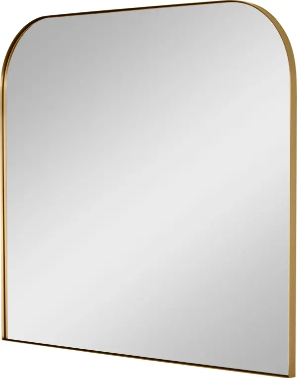 The Planer Wide Mirror combines clean contemporary lines with the warmth of burnished brass, creating a versatile statement piece. Its generous 36x42 inch size makes it ideal for bathrooms and bedrooms. - alternate view