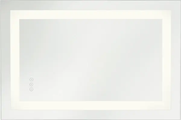 The Mera illuminated mirror combines contemporary frame-within-a-frame design with advanced functionality including dimmable LEDs, adjustable color temperature, touch controls, and integrated defogging for seamless bathroom use.