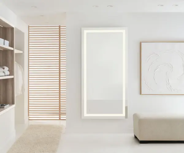 The Mera 72x36 mirror combines contemporary frame-within-a-frame design with advanced LED technology. Touch controls allow dimming and color temperature adjustment, while the defogging feature ensures clarity after showers. - alternate view