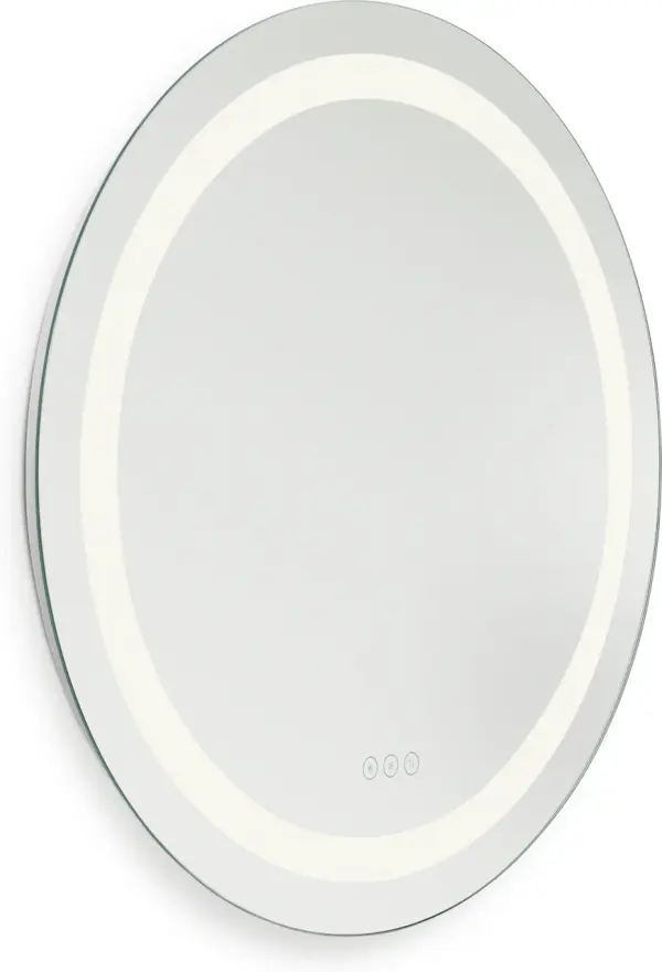 The Mera 30" round illuminated mirror combines contemporary frame-within-a-frame design with advanced functionality including dimmable LEDs, adjustable color temperature, touch controls, and integrated defogging technology. - alternate view