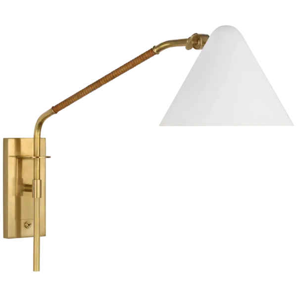 The Laken combines hand-rubbed antique brass with natural rattan accents and a crisp white shade for a sophisticated transitional look. Its articulating arm offers functional flexibility for reading or task lighting.