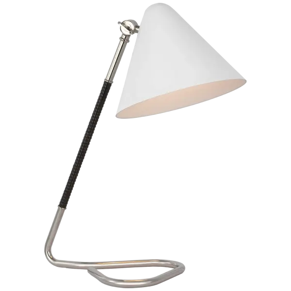 The Laken Small Desk Lamp by Amber Lewis masterfully blends polished nickel with natural black rattan wrapping, creating a sophisticated yet organic aesthetic. Perfect for adding elevated style to workspaces and bedrooms. - alternate view
