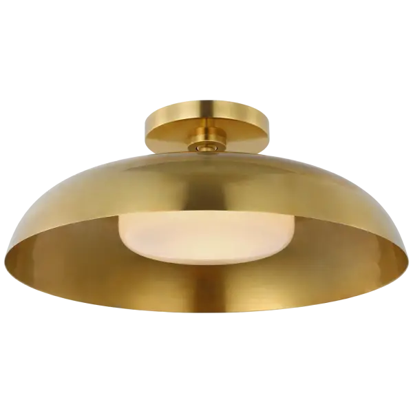 The Cyrus 16" flush mount combines traditional elegance with practical functionality. Its hand-rubbed antique brass finish and white glass shade deliver warm, diffused light perfect for low-ceiling spaces.