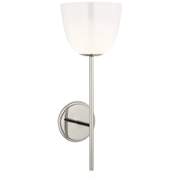 The Brisa torch sconce combines classic elegance with contemporary refinement. Its 20-inch height and white strie glass shade provide sophisticated ambient lighting, while the polished nickel finish adds versatile luxury.