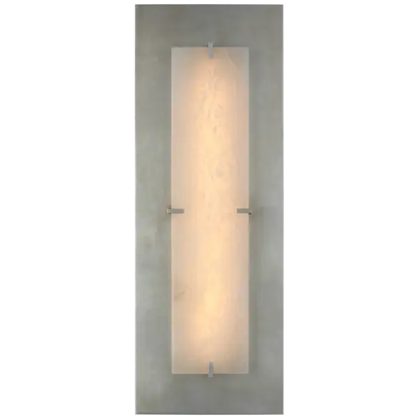 Inspired by Viennese art nouveau imagery, the Dominica by AERIN creates glamour out of geometry. A rectangular, metallic backplate discreetly diffuses the light source from behind an alabaster shade with metal clips that match the backplate. An artistic design and warm light will enhance hallways, living rooms, bedrooms or dining rooms. - alternate view