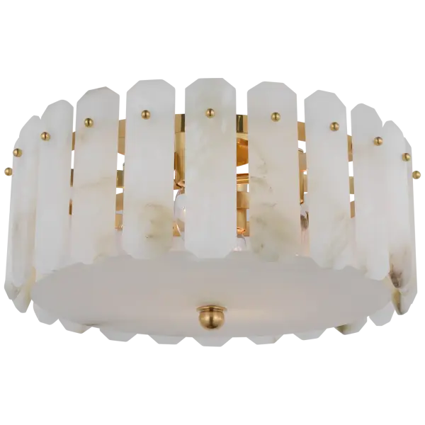 The Bonnington Medium Flush Mount combines hand-rubbed antique brass with natural alabaster for a sophisticated, warm ambiance. Perfect for spaces with lower ceilings requiring refined lighting.
