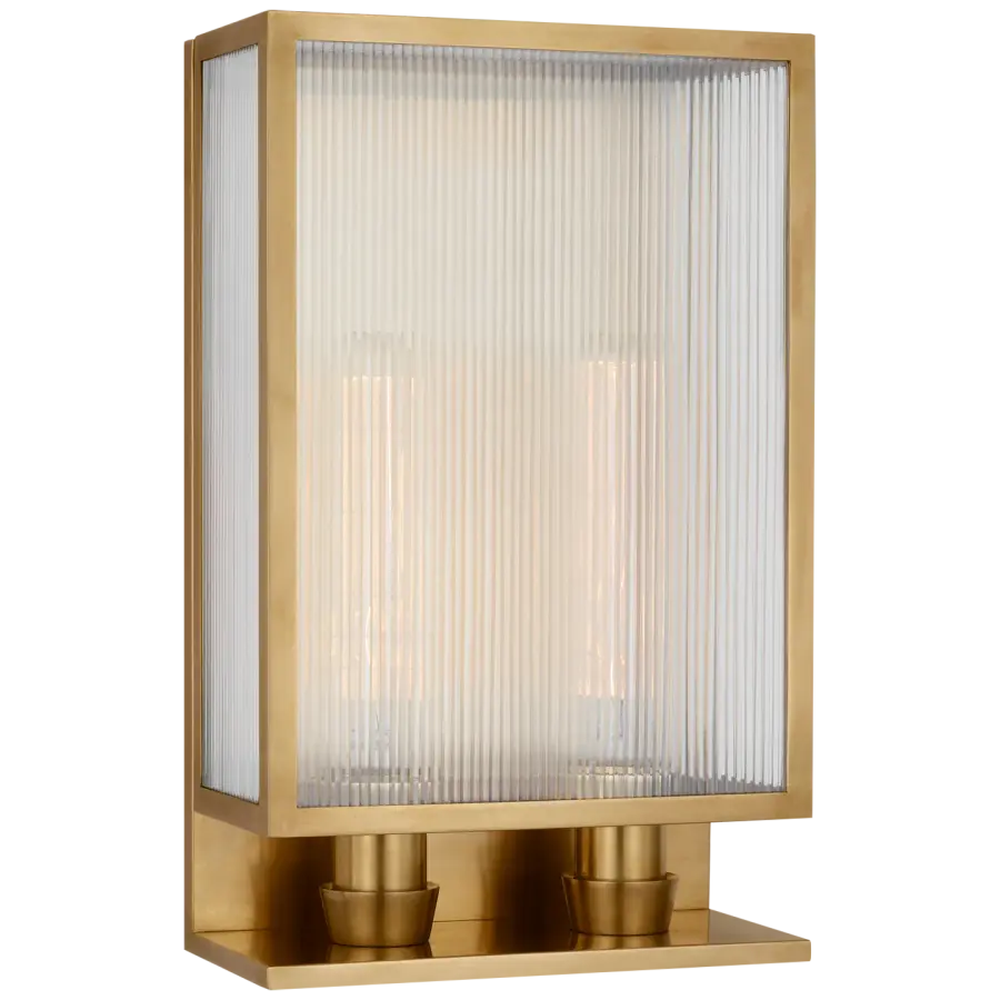 York 16" Double Box Sconce in Soft Brass with Clear Ribbed Glass