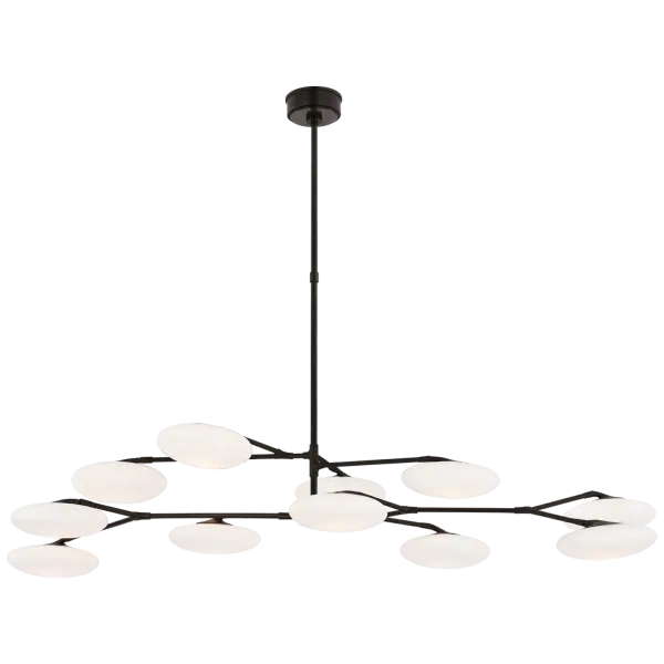 The Brindille Extra Large Chandelier features a striking two-tier design with organic branch-like metalwork in sophisticated gun metal finish. White glass shades provide soft, diffused illumination perfect for grand spaces.