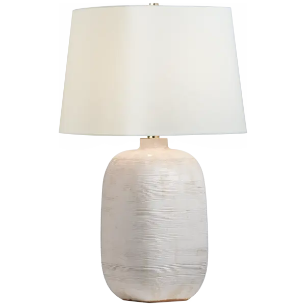 Pemba Large Combed Table Lamp in Glossy White Crackle with Linen Shade Open Box