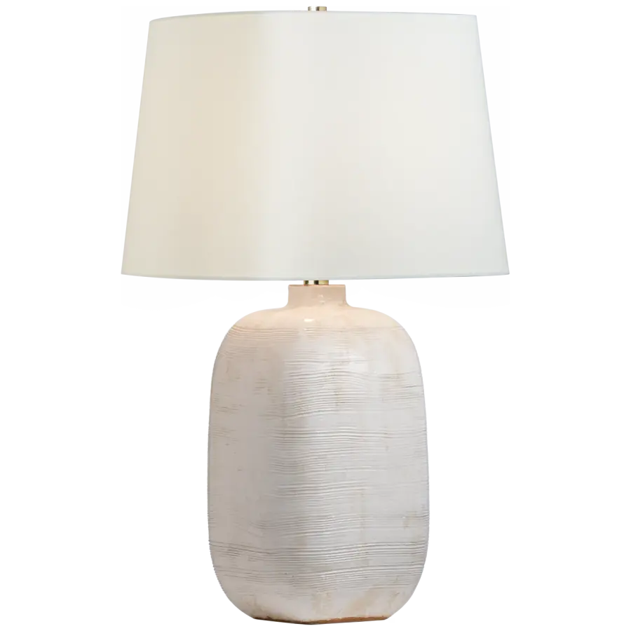 Pemba Large Combed Table Lamp in Glossy White Crackle with Linen Shade Open Box