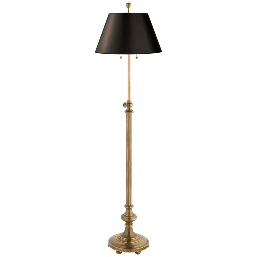 Overseas Adjustable Club Floor Lamp in Antique-Burnished Brass with Black Shade Open Box