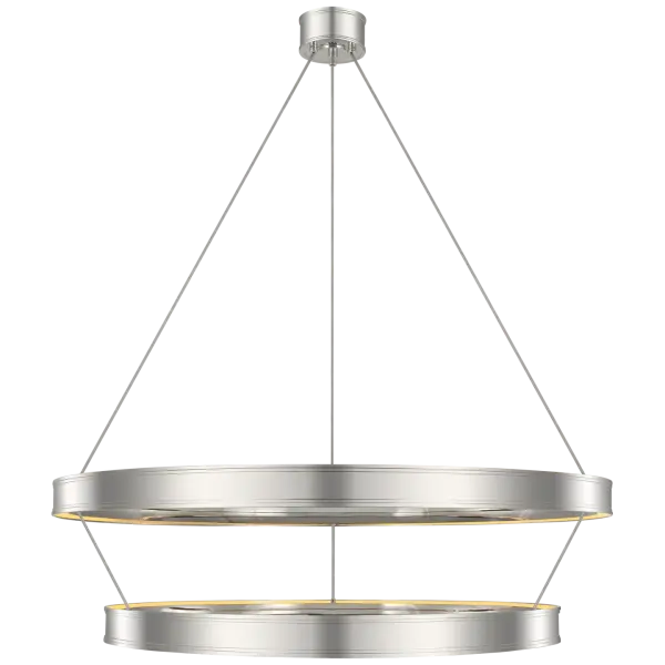 The Connery 50" chandelier commands attention with its dramatic two-tier ring design and polished nickel finish. Perfect for grand foyers and dining rooms with high ceilings, this oversized fixture delivers contemporary sophistication. - alternate view